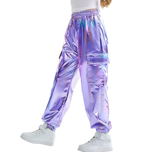 Image of Rolanko Girls Shiny Metallic Cargo Pants, Sparkle Jogger Pants for Girls Hip Hop Dance Streetwear Cargo Trousers 6-15 Years