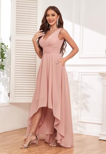 Image of Sukleet Chiffon Bridesmaid Dresses for Women with Pockets V Neck Ruched Short Formal Party Dress