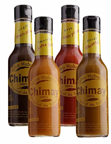 Chimay Chile Habanero Hot Sauce, Red Habanero Hot, Yellow Extra Hot, , Black Label Reserve almost not Souce, and Green Habanero little hot , 5 Ounce (4 Pack) - Packed in a Box