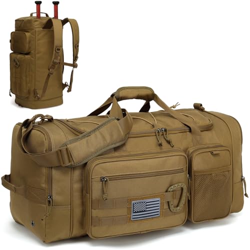 TUGUAN Large Baseball Softball Duffle Bag 3 in 1 Baseball Equipment Duffel Backpack for Adult Youth 65L Bat Bag with Shoes Compartment - 2 Bat Sleeves Fence Hook Hidden Dual Straps Brown