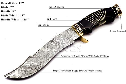 NoonKnives : Hand Made Damascus Steel Collectible Bowie Knife with Bull Horn Handle (Black) - Thumbnail 5