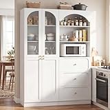 Cyclysio 80' Tall Pantry Cabinet with 3 Drawers, Arched Kitchen Storage Cabinets with 3-Tier Open Shelves and Glass Doors, Wood Floor Cupboard with Seamless Fit Wall for Living Room, Kitchen