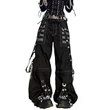 Kodaruber Women Vintage Goth Hip Hop Jeans Punk High Waisted Baggy Bootcut Jeans Strap Chain Striped Wide Leg Denim Pants(White,Medium)