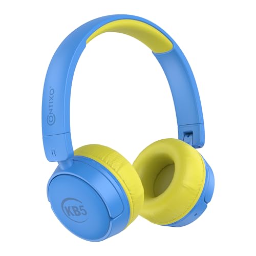 Contixo KB-5 Kids Headphones - Over The Ear Foldable Bluetooth Wireless Headphone for Kids - 85dB with Volume Limited - Toddler Headphones for Boys and Girls (Blue + Yellow)