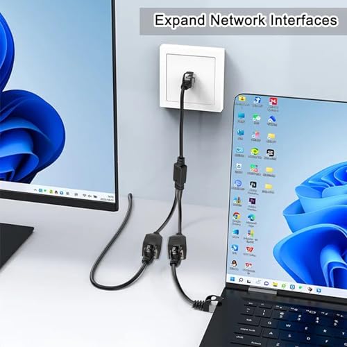 Image of RJ45 Network 1 to 2 Port Ethernet Adapter Splitter, RJ45 1 Male to 2 Female LAN Ethernet Splitter Adapter Cable Suitable Super Cat5, Cat5e, Cat6, Cat7 LAN Ethernet Socket Connector Adapter
