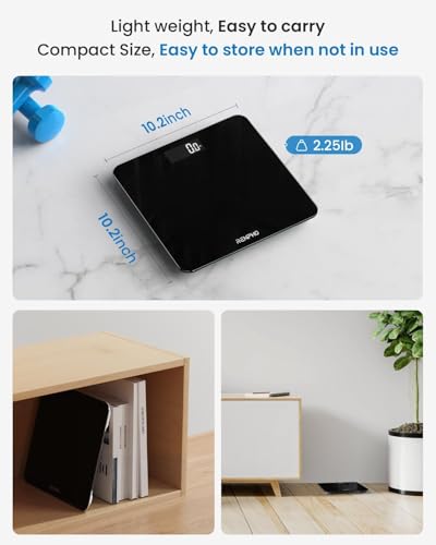 RENPHO Personenwaage, Körperwaage mit Hochpräzisions-Sensoren, Personen Digitalwaage mit Step-On-Technik, Gewichtswaage aus Sicherheitsglas, 10.2\ x 10.2\, Schwarz-BK