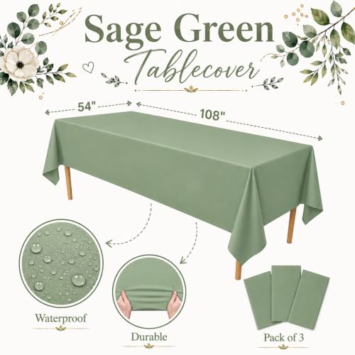 Image of Blue Orchards Sage Green Plastic Table Cover (Pack of 3 with 20 Glue dots) - 54 inch x 108 inch - Sage Green Tablecloth, Waterproof & Disposable Party Supplies, Boho Chic Decorations for Wedding, Baby Shower