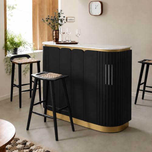 Image of The Attic Carlston Bar Cabinet for Home, Hard and Soft Drinks Bar Storage Cabinet, Wine Whisky Scotch, Solid Mango Wood, Black Matte Finish with Ceramic Marble Top