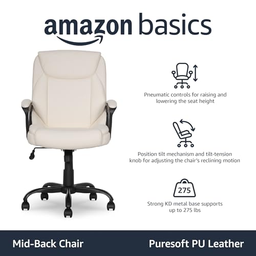 Image of Amazon Basics Classic Puresoft PU Padded Mid-Back Office Chair with Armrest, Height Adjustable, Easy to Assemble, 26 inchD x 23.75 inchW x 42 inchH, Cream
