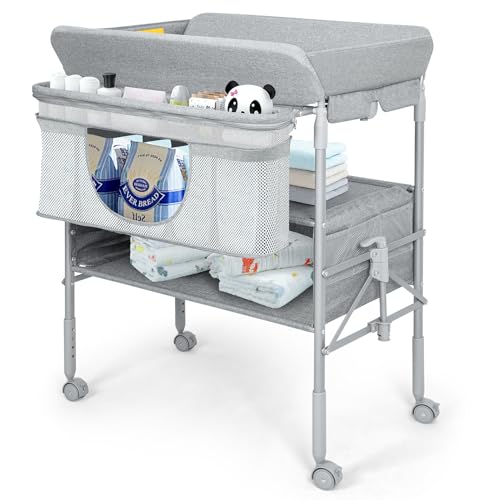 Image of Baby Changing Table, Portable Folding Changing Table with 2 Storage Baskets, Waterproof Diaper Changing Station, Adjustable Height Diaper Station, Mobile Nursery for Infant and Newborn