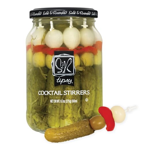 Sable & Rosenfeld Tipsy Garlic & Dill Cocktail Stirrers 16 oz Jar (Pack of 1), Hand-Packed Martini Pickles and Olive Skewers, Kosher, Gluten-Free Cocktail Garnish