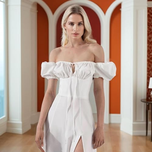 Women's Summer Commuter Maxi Dress, 2025 French Style Temperament Puff Sleeve Lacing Waist Slit Skirt Long Dress2