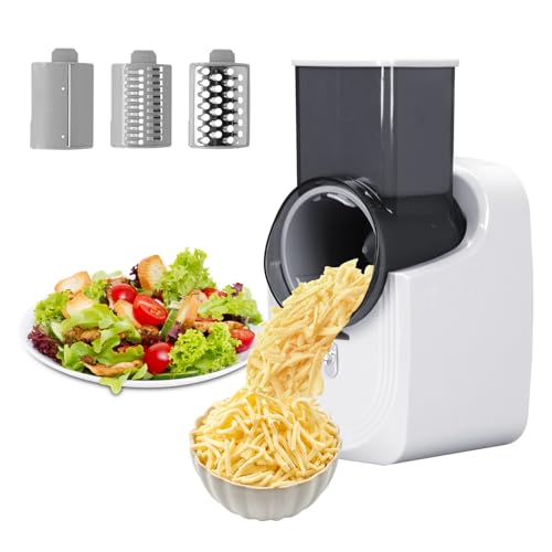 mumisuto Electric Cheese Grater, Electric Grater for Kitchen with Large Chute, Automatic 3 in 1 Rotary Cheese Grater Vegetable Slicer Electric Grater for Cheese and Vegetables with 3 Blades (White)