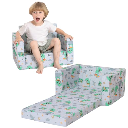 lasoftan Kids Couch for Toddler, 2-in-1 Toddler Chairs Couch Bed, with Double Pockets for Boys & Girls, Convertible Kids Furniture Lounge Chairs for Playroom - Gray Dinosaur