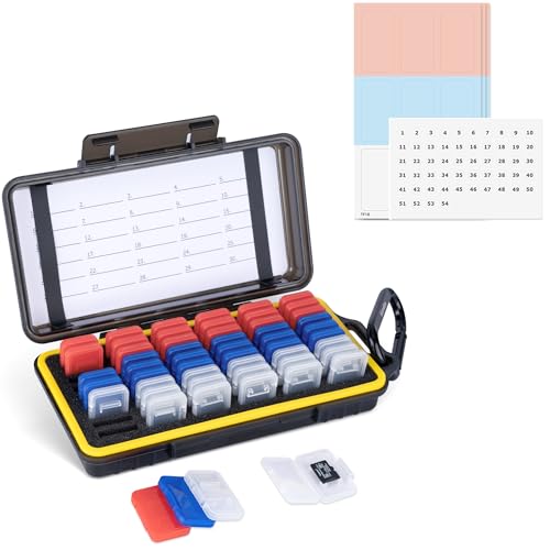 Dual Protect Micro SD Card Case with 54 PCS Clear Memory Card Holders for 54 TF MSD Cards Storage, Water-Resistant Anti-Shock MicroSD MicroSDHC MicroSDXC Card Carrying Organizer Protector with Labels