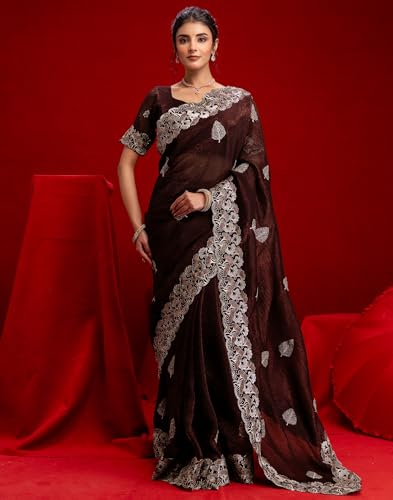 Image of SIRIL Women's Shimmer Chiffon Sequence Embroidery Saree With Unstitched Blouse Piece for Wedding and Parties