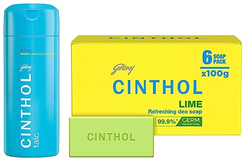 Image of Godrej Cinthol Cool Talcum Powder (300g) | Superior Germ Protection | Insta Deo Fragrance & Cinthol Lime Bath Soap - 100g (Pack of 6) | Lemony Deo Fragrance | Grade 1 Soap |