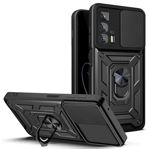 Image of Heavy Duty Back Case Cover for Moto Edge 20 Pro 5G, Shockproof Moto Edge 20 Pro Back Cover, Ring Case with Kickstand and Camera Protection Shutter - Black
