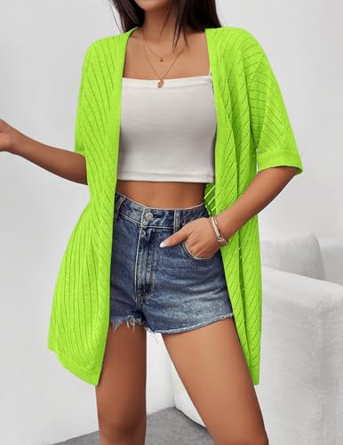 Image of Zeagoo Summer Kimonos for Women 3 /4 Sleeve Open Front Crochet Cardigans V Neck Loose Casual Vacation Outwear Neon Green