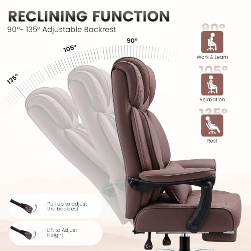 Image of BestGlory Office Desk Chair, Big and Tall Leather Gaming Chair with Footrest, Ergonomic Comfy Executive High-Back Reclining Computer Chairs, Wide Swivel Rolling Wheels and Padded Lumbar Support,Coffee