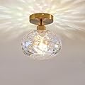 Gold Semi Flush Mount Ceiling Light Fixtures, Small Stained Hammered Glass Hallway Light Fixtures, Brushed Brass Modern Ceiling Light,with Art Glass Shade Light for Entryway Foyer Kitchen Laundry room