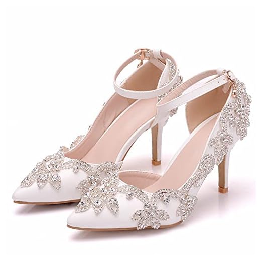 Damer brud bröllop skor,8 cm stilett spetsiga höga klackar,dam klassiska sandaler,spänne band strass eleganta sandaler,används för bröllop,fester,brudtärnor,White,36 EU