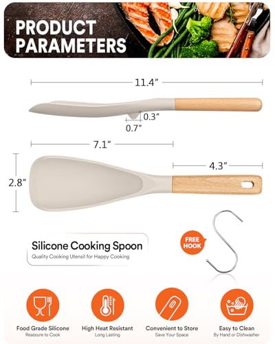 Image of Cooking Spoon for Nonstick Cookwares, Great for Cooking and Serving Durable BPA-Free Matte Silicone, Wood Handle Spoon for Mixing, Scoop, and Scrape