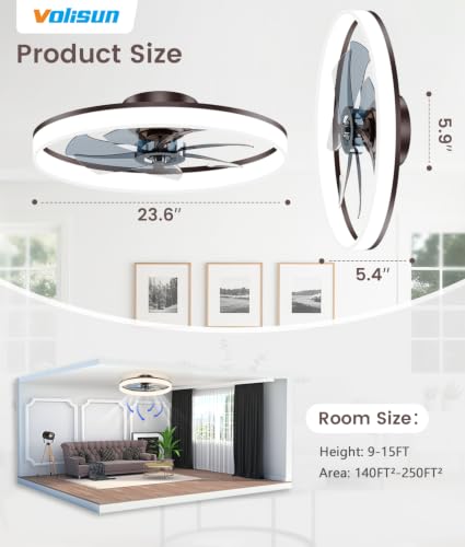Image of VOLISUN Low Profile Ceiling Fans with Lights and Remote, 24in Fandelier Ceiling Fan Flush Mount, 3000K-6500K Smart Bladeless LED Fan Light, Brown Modern Ceiling Fans with Lights for Bedroom