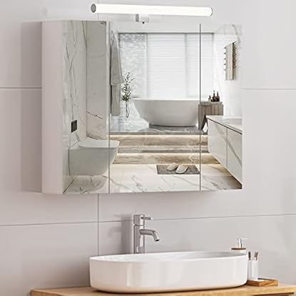 Foto di DICTAC Armadietto Bagno con Luce,Specchio Bagno Contenitore con Illuminazione Led e Presa 70x60x15 cm Armadietto con Specchio e 3 Ante e Conservazione Mobile bagno con specchios,Bianco