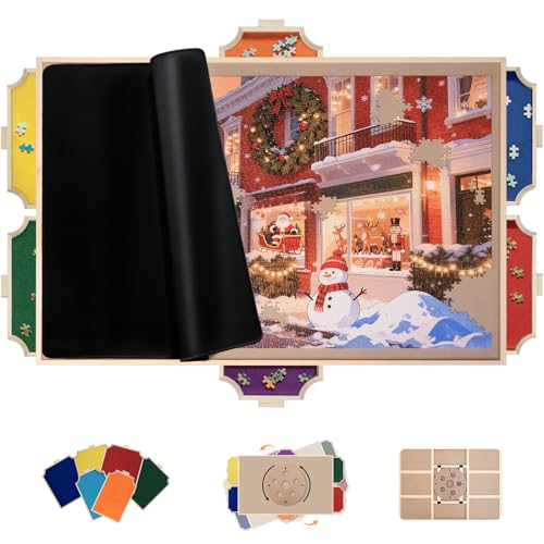1500 Piece Rotating Puzzle Board Pro, with 6 Drawers, Rubber Cover Mat, 360° Lasy Susan, Sort-Wise Colorful Felt Drawers & 4 Trays, Wooden Jigsaw Puzzle Table, Birthday Gifts for Mom