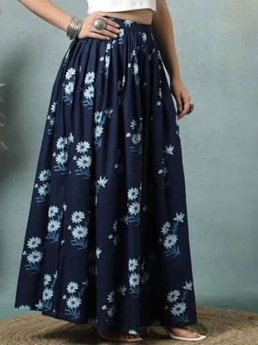 Image of Women's Floral Print Maxi Skirt, Maroon Red, 100% Pure Cotton, Elastic Waist, Full Length, Breathable Fabric