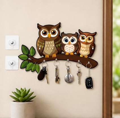 Owl Family Wooden Key Holder for Wall | Decorative Wall Mounted Key Hanger with 7Metal Hooks | Cute Owl Wall Decor for Home Entrance, Living Room, Office | MDF Wooden Key Organizer (Multicolor)-image-12