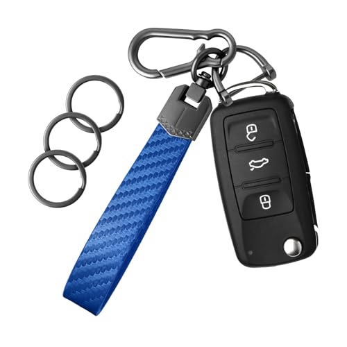 OHKYOOT Leather Car Key chain Carabiner Clip Key Fob Keychain for Home Car Keys Women Men (Carbon Fiber Blue)