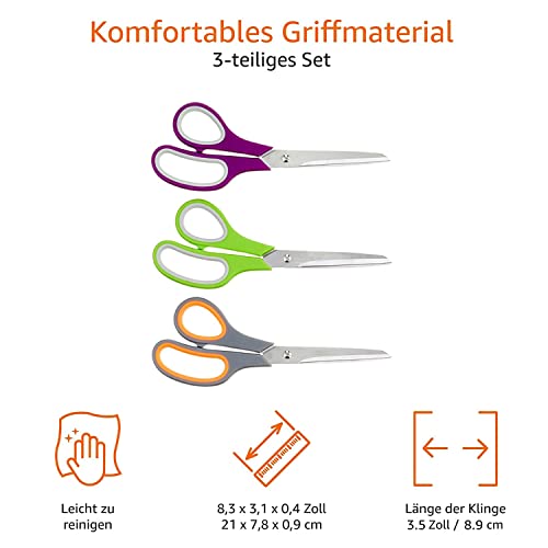 Amazon Basics Mehrzweck-Büroschere aus Edelstahl mit komfortablem Griff, PVD-beschichtet, 3 stück, 1er-Pack, Mehrfarbig