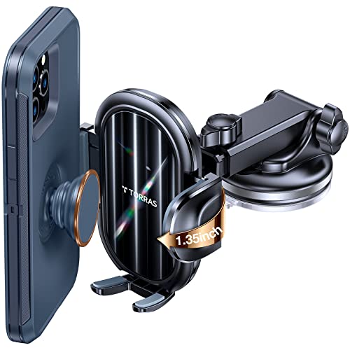 Torras [Xlarge Clamp Cell Phone Holder For Car [Socket & Otter Thick Case Friendly] 3 In 1 Suction Cup Phone Mount For Car Dashboard Windshield Vent Fits Iphone 14 13 12 Pro Max Samsung S23 S22 Ultra #TOP11