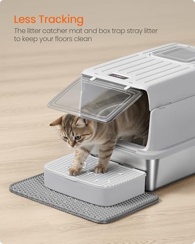 Feandrea Stainless Steel Cat Litter Box with Flip Lid, Scoop, Litter Mat, 2 Doors, for Cats up to 15 kg, Light Grey PPT007GD01 - Image 7