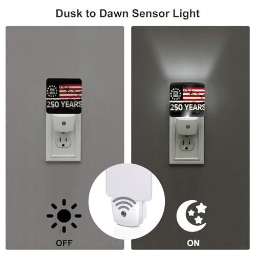 Image of 250th American Flag Night Light Set of 2, 250 Years Anniversary Auto Sensor LED Dusk-to-Dawn Nightlights, Plug-in Sensor Lamp for Bedroom Kitchen Hallway Stairs Decorative