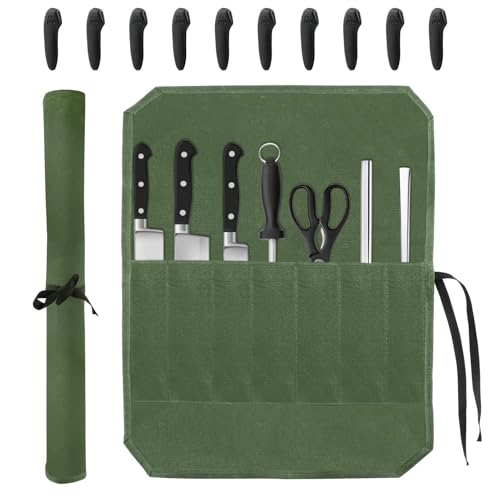 Knife Roll Bag, Ch/ef Knife Bag, Waxed Canvas Heavy Duty Knifes Pouch with 7 Slots, Ch/ef's Knifes Case Holder with Knife'Tip Protectors for Kitchen Travel Camping(COLOR:Green)