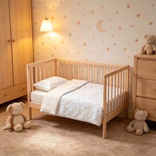 Various - Parure de draps pour berceau 60 x 120 cm, Linge de lit pour bébé, 100% coton extra doux fabriqué en Europe - (drap-housse + drap plat + taie d'oreiller) Motif étoile bleu/blanc – vue 3