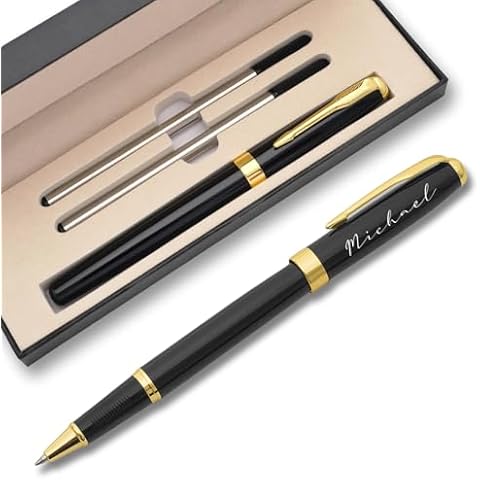Personalized Ballpoint Pen, Custom Stainless Steel Roller Pen, Best Engraved Gold Ball Pen with Name, Stunning Luxury Refillable Pen Set with Classy Gift Box for Men and Women - Black Gold Trim Cover