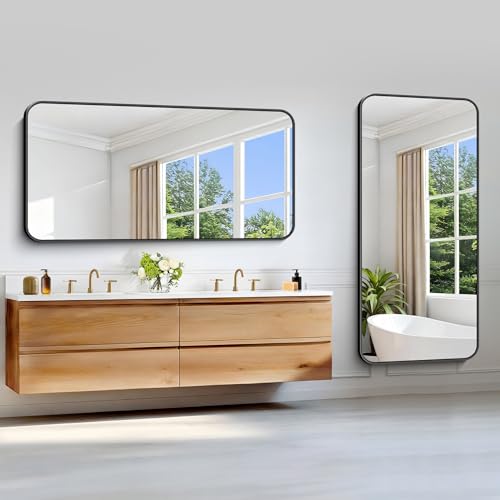 Image of Black Bathroom Mirror, 66x30 inch Aluminum Metal Frame Rectangular Vanity Mirror, Large Wall Mounted Rectangle Mirrors with Rounded Corner for Over Sink Bedroom Living Room Horizontal /Vertical