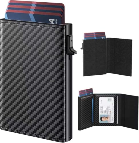 Image of Mens Wallet Card Holder: Genuine Leather, Smart, RFID Blocking, Slim, Pop Up Aluminum Case, Minimalist, Front Pocket - 9-14 Card Capacity, ID Window, Cash Slot (Minimalist Carbon Fiber Black)