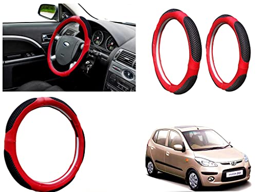 Image of Microfiber Car Steering Wheel Cover, Soft Padding Great Hand Feel, Anti-Slip, Faux Leather Steering Cover for Hyundai I10 Type1 | Black Red Jali - Pack of 1