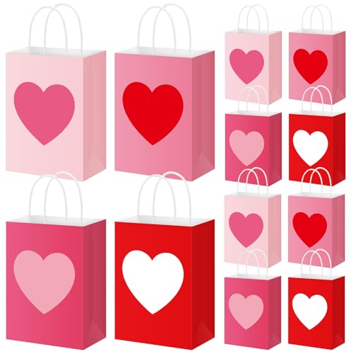 Gueevin 24 Pcs Valentines Day Paper Gift Bags with Heart & Handles, Pink & Red Valentines Goodie Treat Candy Party Favor Bags Bulk for Galentine's Wedding Birthday Party Supplies, 5.9 x 3.2 x 8.3