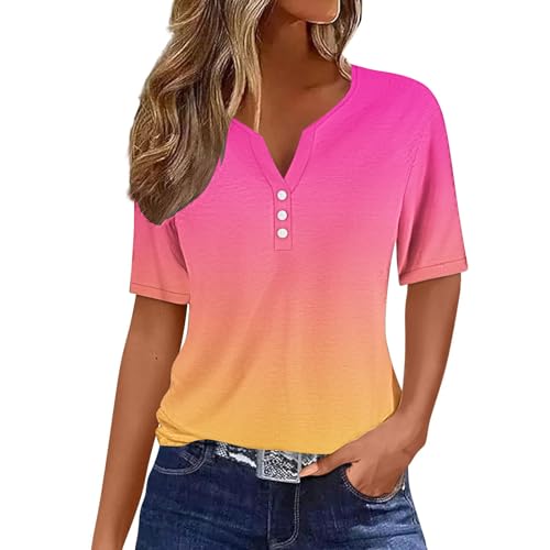 Camisetas de verano para mujer, de manga corta, cuello en V, degradado, a rayas, floral, mármol, camisetas gráficas, tallas grandes, holgadas, túnica básica, para salir, ropa de fiesta, 01 Rosa Hot, M