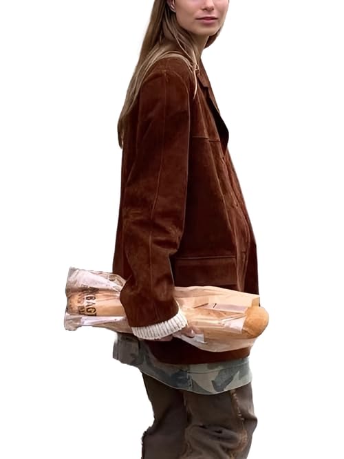 Women’s Brown Suede Leather Blazer Jacket - Oversized Casual Coat Streetwear Style2