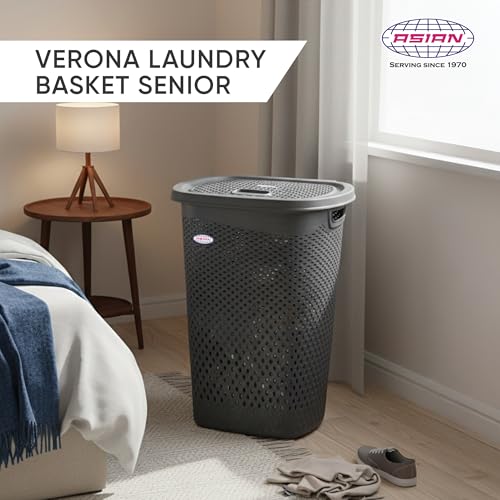 Image of Asian Plastowares - Verona Laundry Basket with Lid | Large Size | Multi-Utility Storage Basket /Bin for Clothes, Toys, Kitchen & Household | BPA Free | Durable & Space-Saving | Dark Grey