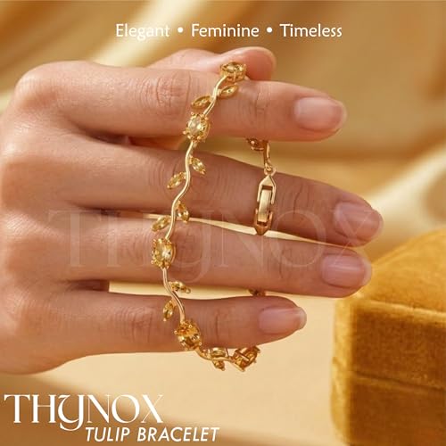 Image of THYNOX Tulip Bracelet for Women Stylish | Gold Plated Crystal Floral Jewellery | Adjustable Chain Wrist for Women & Girls Stylish | Elegant Tulip Bracelet for Women, Party & Daily Wear Accessory