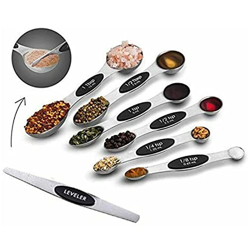 Fichiouy Stainless Steel 7Pcs Magnetic Dual Sided Measuring Spoons With Leveler, Kitchen Spoon Set Cooking Measure Tool #TOP1
