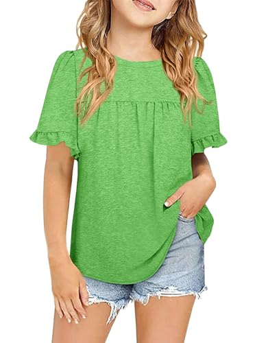 Image of Ebifin Girls Short Sleeve Tops Kids Peplum Babydoll T Shirts Tees 4-15Y | Girls T-Shirts, Crew neck Short Sleeve Shirts, Casual Tunic Tops, Cute Blouses, Summer Tees, Ruffle Hem, Loose fit